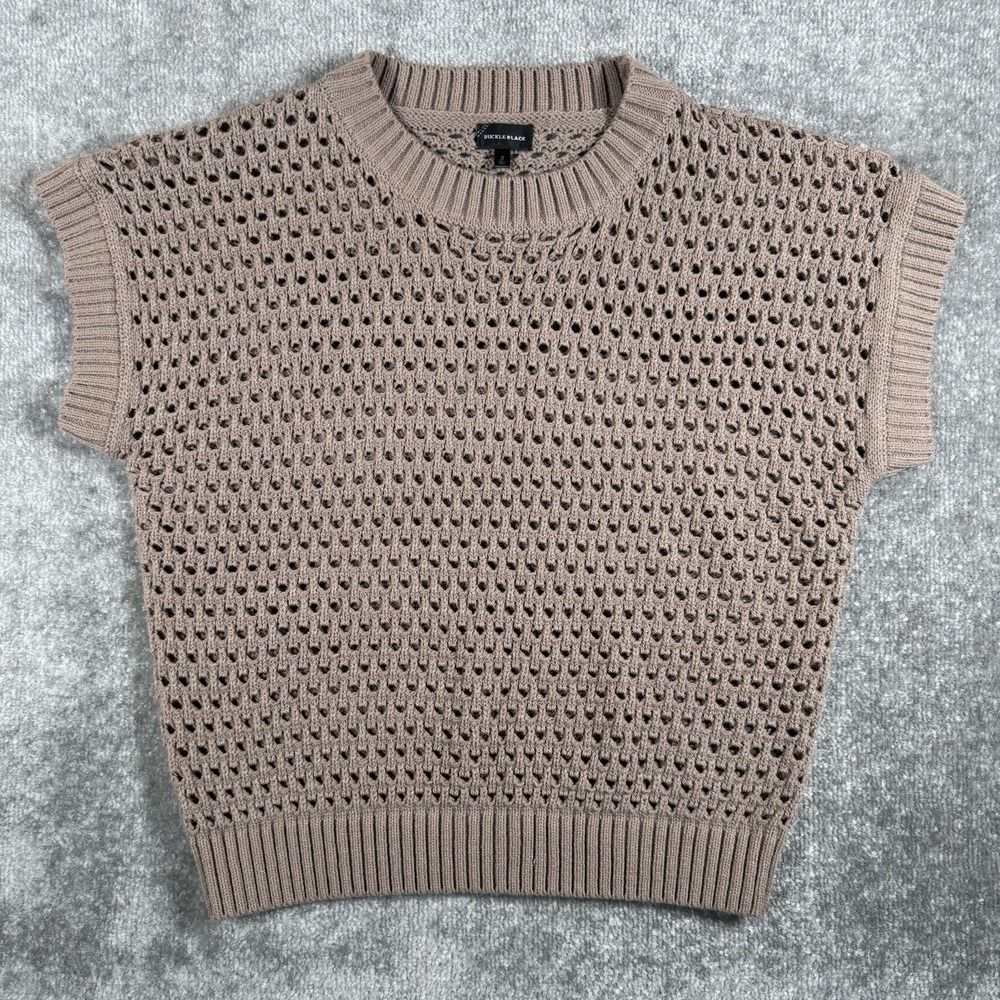 Buckle Black Sweater Women's Small Brown Open Knit Crew Neck Short Sleeve